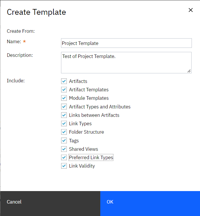 you can set the name of the template, description, for it to include artifacts, artifact and module templates, artifact types and attributes